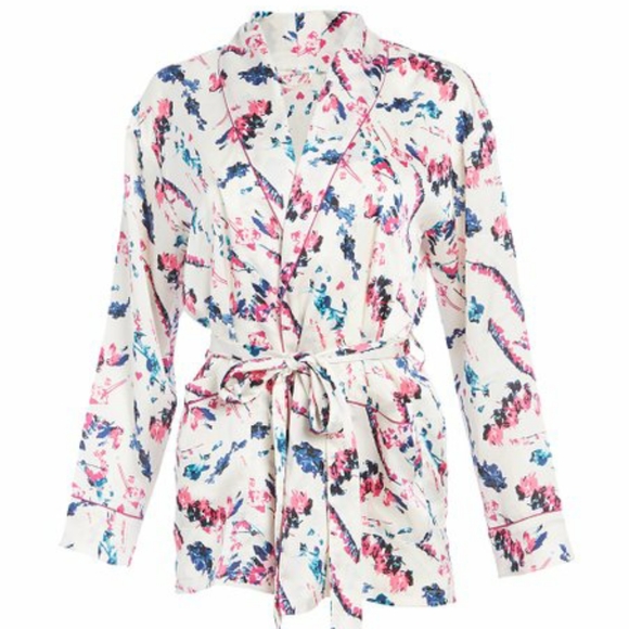 Sam Edelman White Abstract Floral Smoking Jacket Short Robe Sz S & Sz M NWT - Picture 2 of 5